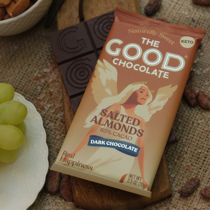 the good chocolate brand salted almond bar packaged