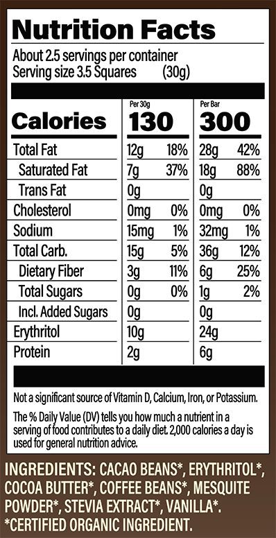 Ethiopian Coffee Dark Chocolate Bar Nutrition Facts