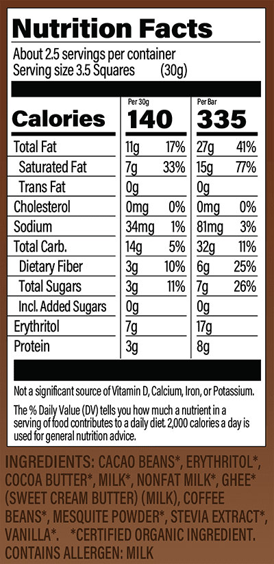 Ethiopian Coffee Milk Chocolate Bar Nutrition Facts