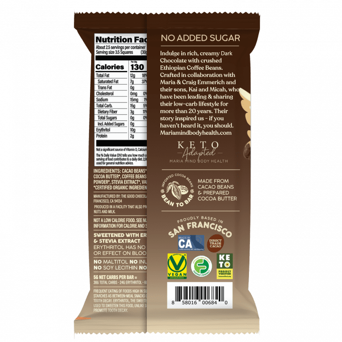 Ethiopian Coffee Dark Chocolate Bar Reverse Nutrition Facts