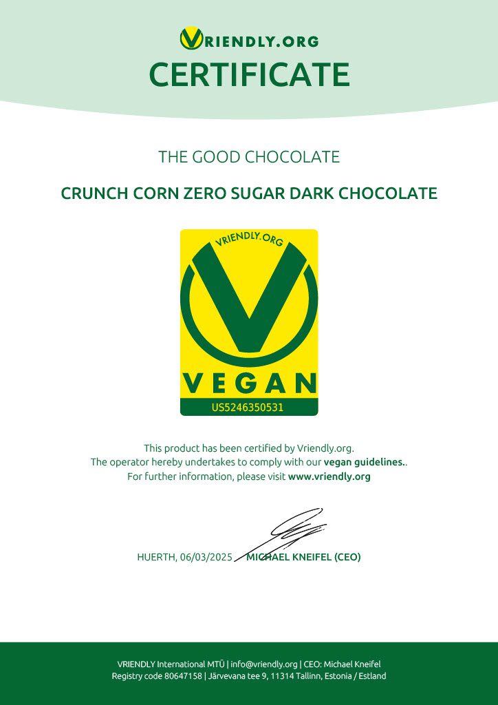 Vriendly Certificate for Crunch Corn Zero Sugar Dark Chocolate