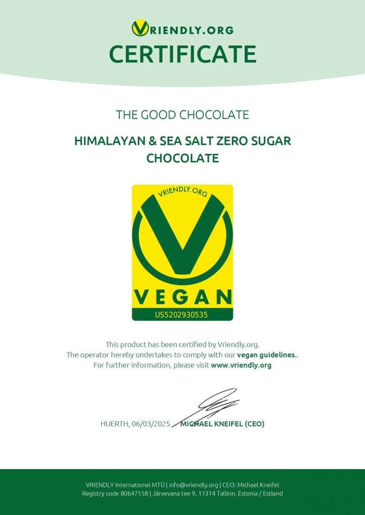 Vriendly Certificate for Himalayan and Sea Salt Zero Sugar Chocolate